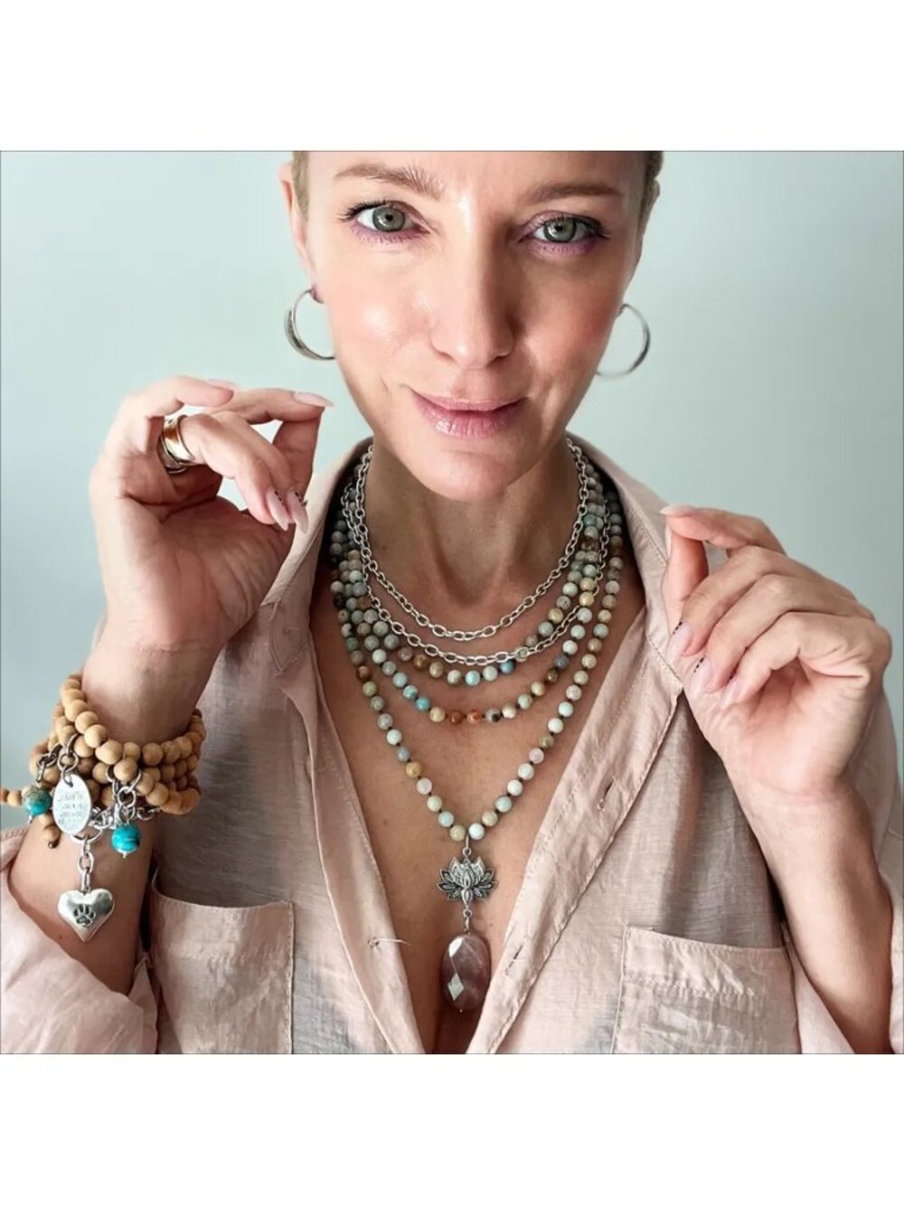 Katia Designs "Have Faith" Lotus Amazonite Long Chain Fusion Necklace - Picture 2 of 6